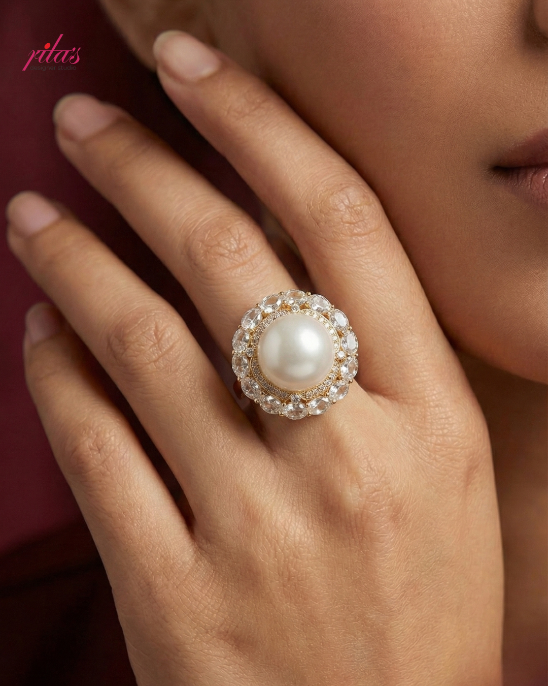 Classic Pearl Halo Gold Luxury Statement Ring
