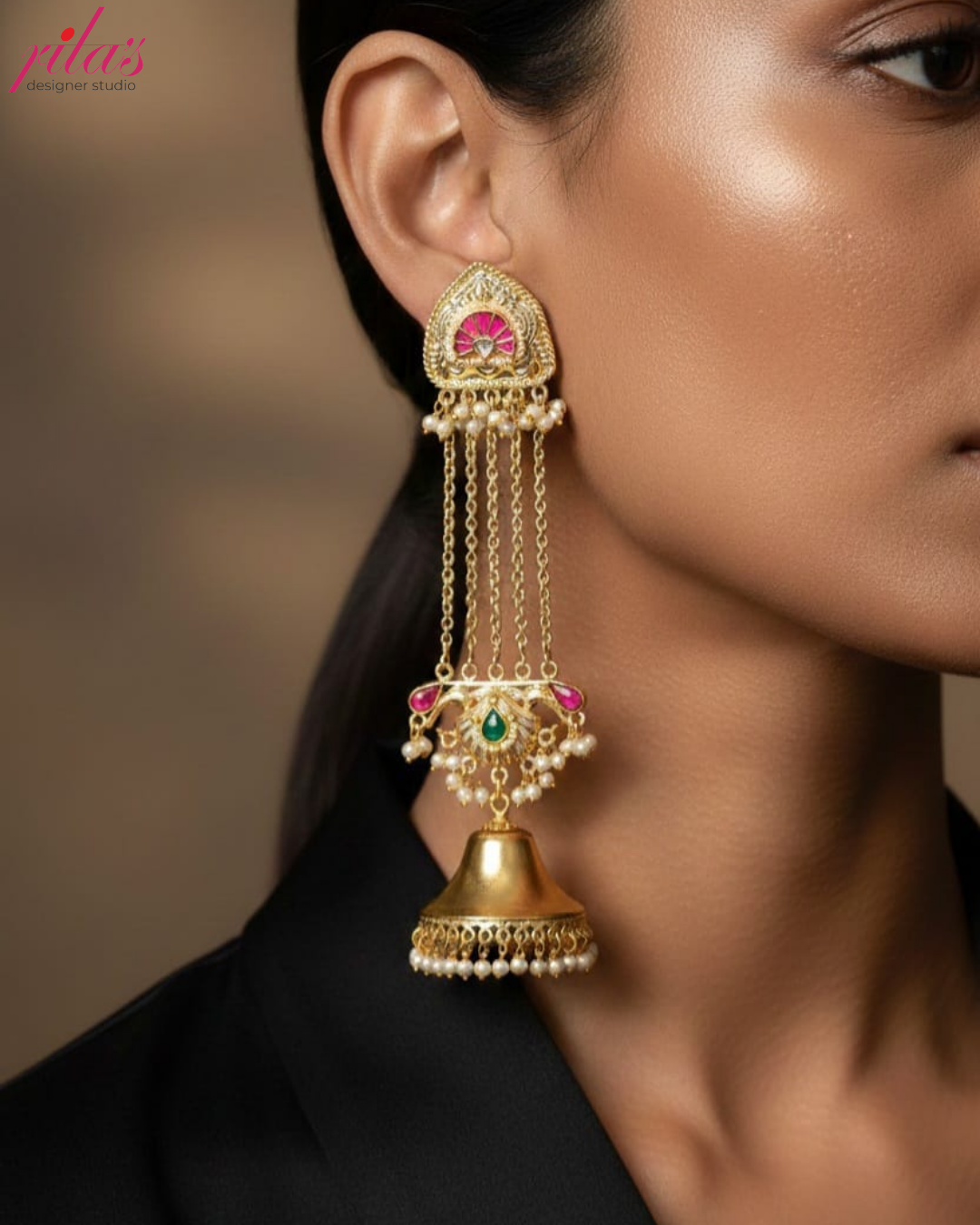 Pink Stone Long Jhumka Earrings