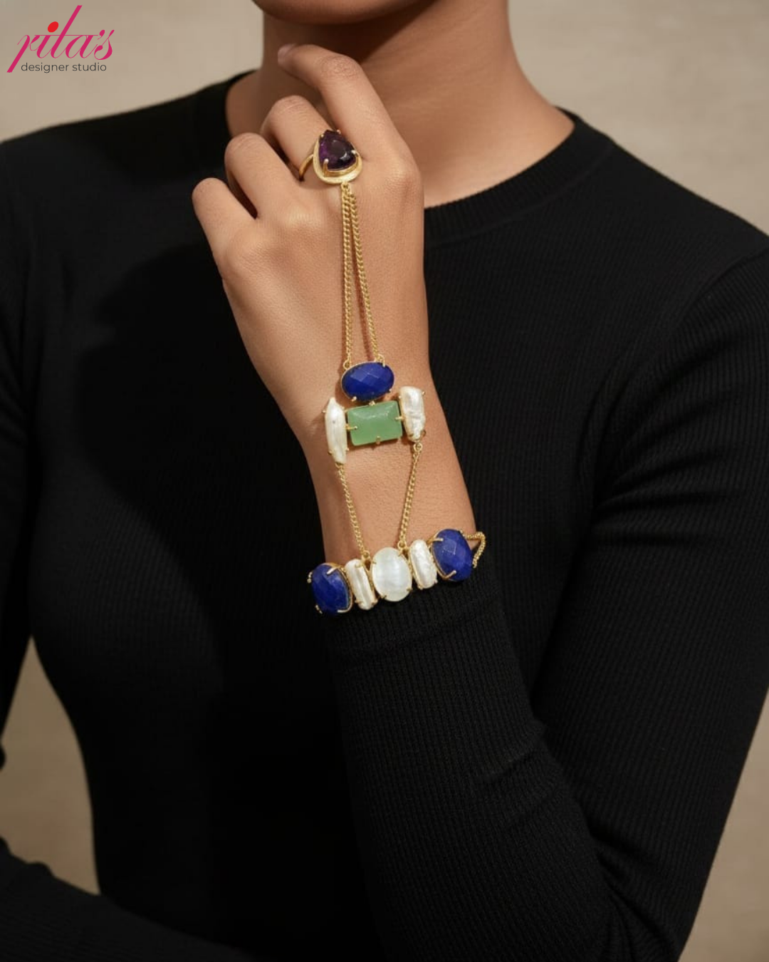 Gold Hand Harness Bracelet with Blue & Pearl Stone Accents and Matching Ring