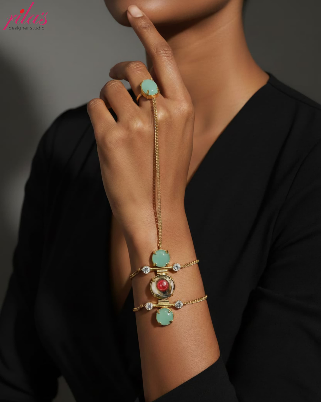 Gold Hand Harness Bracelet with Multicolor Stone Accents & Statement Ring