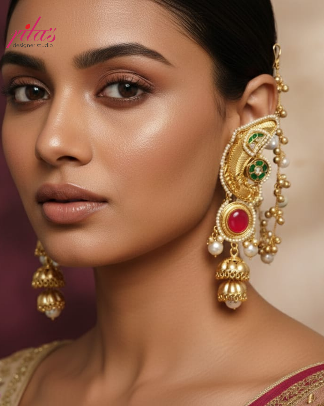 Gold Plated Ruby Pearl Jhumka Earrings