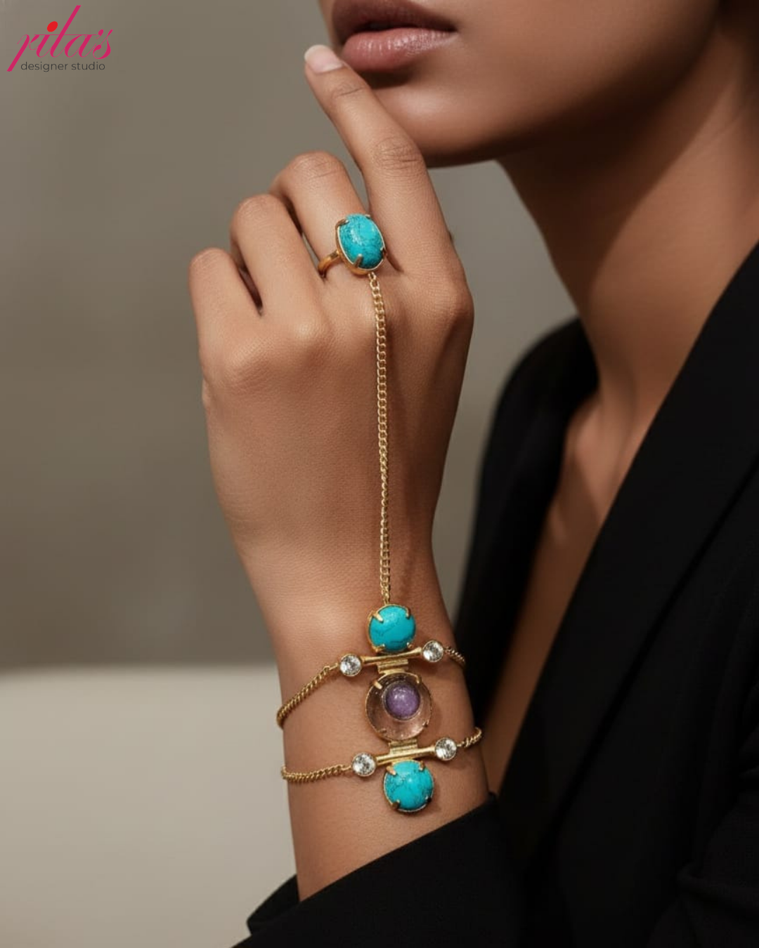 Gold Hand Harness Bracelet with Turquoise & Amethyst Stone Accents