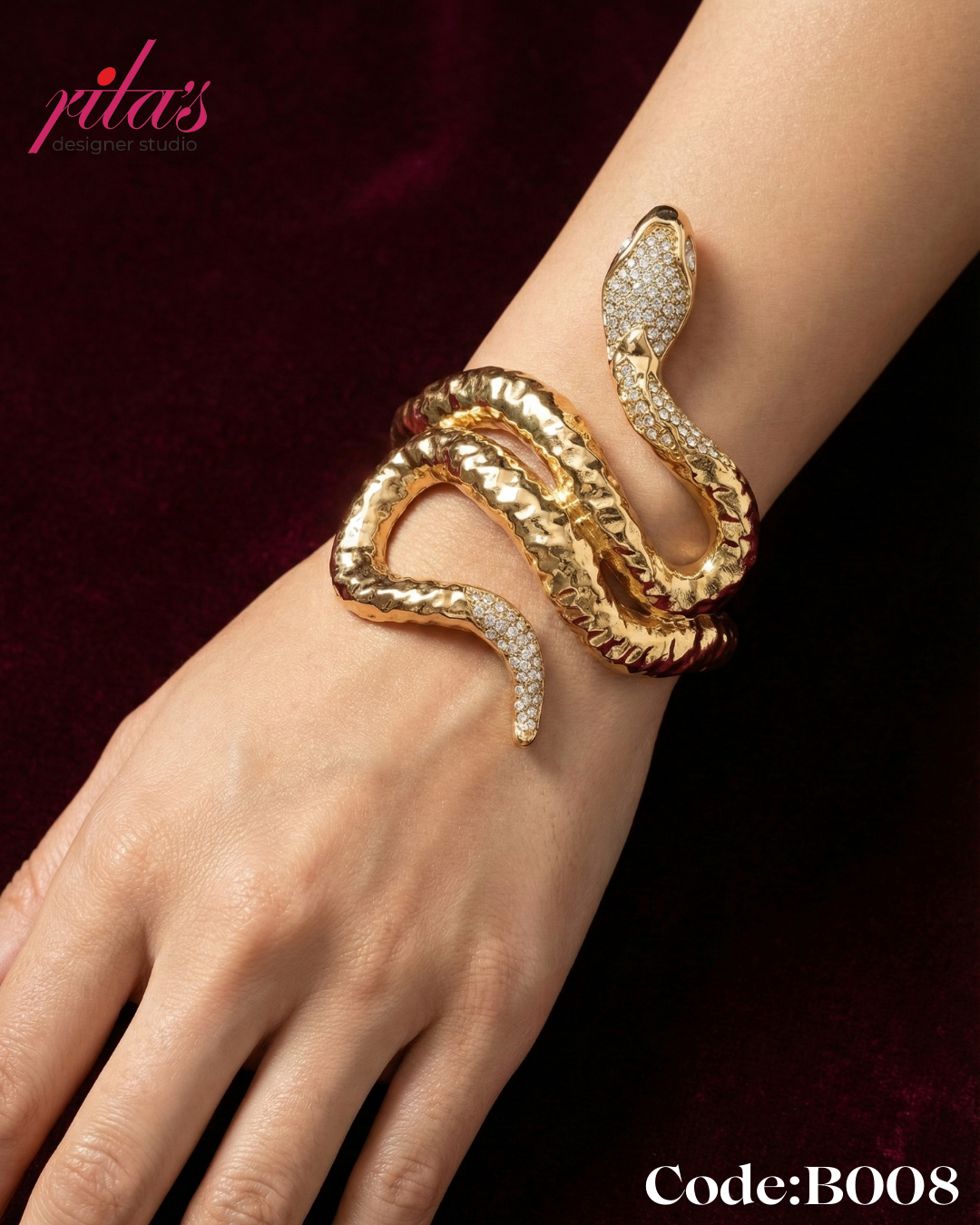 Gold Snake Design Statement Kada Bracelet with Crystal Accents