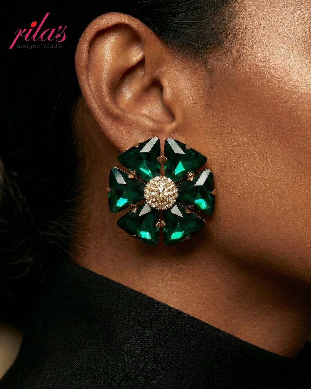Emerald Floral Statement Stud Earrings