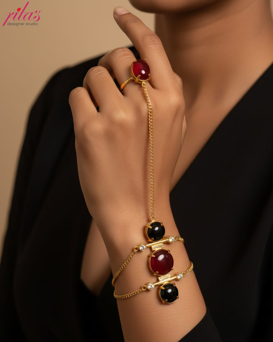 Gold Hand Harness Bracelet with Red & Black Stone Statement Ring