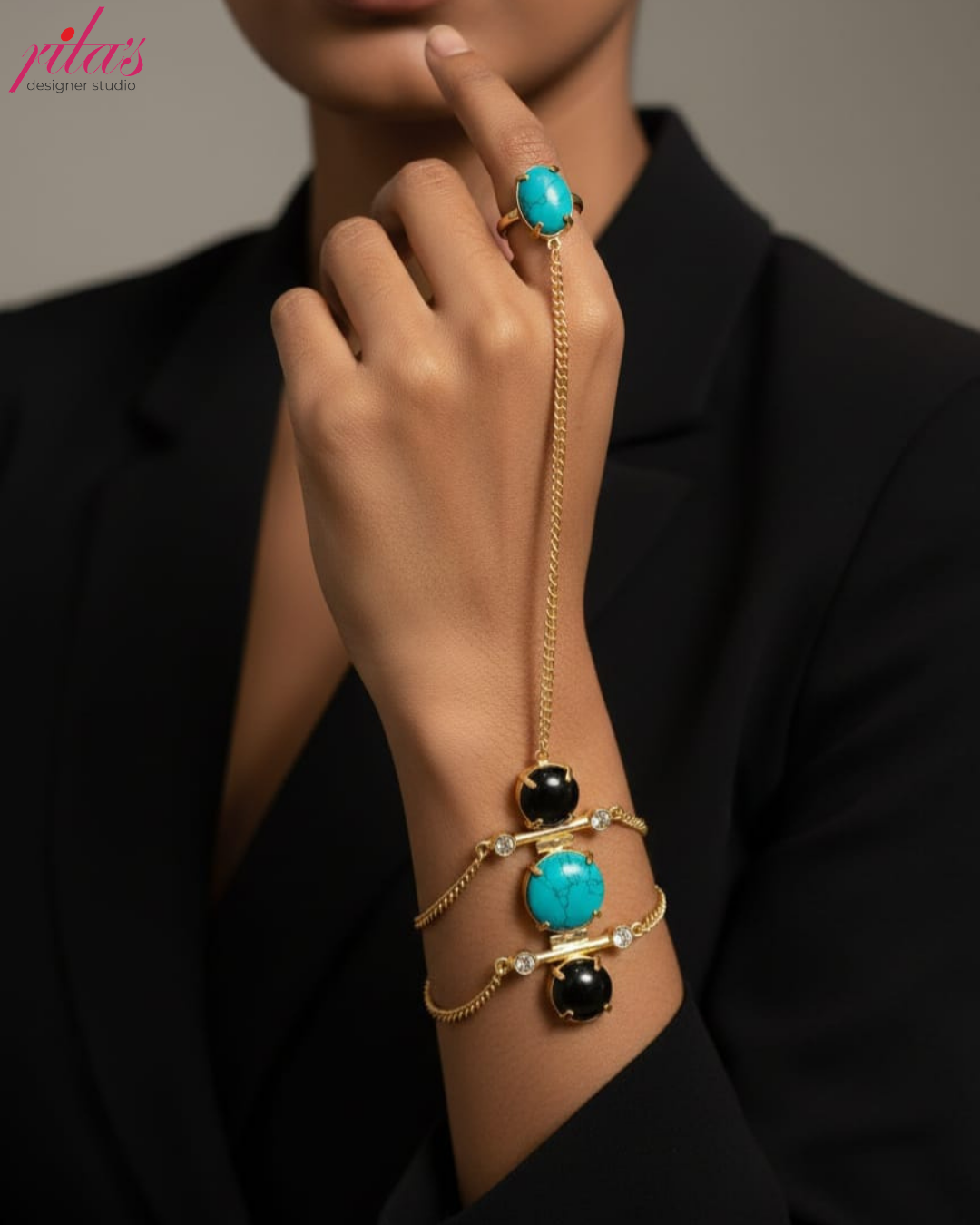 Gold Hand Harness Bracelet with Turquoise & Black Stone Accents