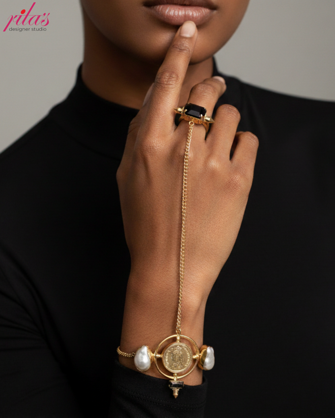 Gold-Toned Hand Harness Bracelet with Pearl Accents & Statement Ring