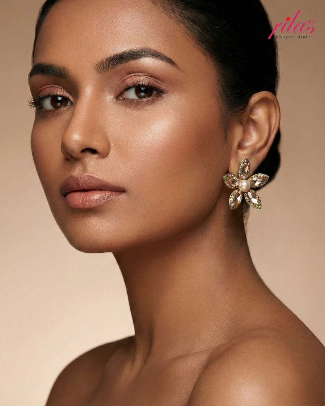 Gold Floral Crystal Stud Earrings