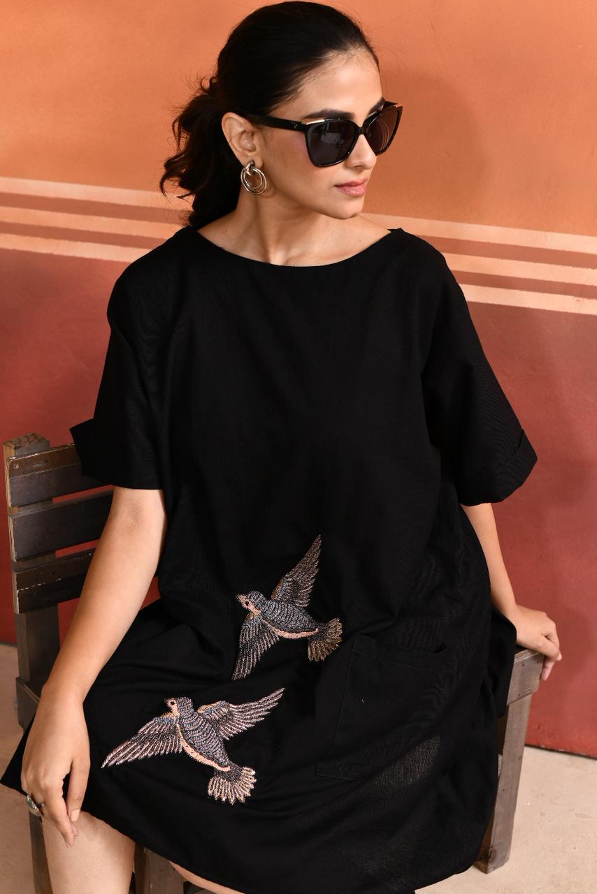 bird embroidered dress THE SOARING – BLACK Ecru/Black Polka Dot Occasion occ:NYE Sizes:XS As Pictures