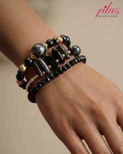 Elegant Black Beaded Multi-Layer Bracelet Set with Gold Accents