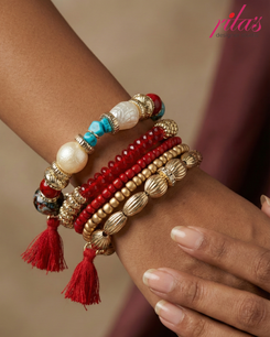 Red Beaded & Pearl Layered Boho Bracelet Set with Tassels