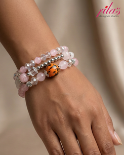 Pink Crystal & Beaded Layered Bracelet Set with Statement Charm