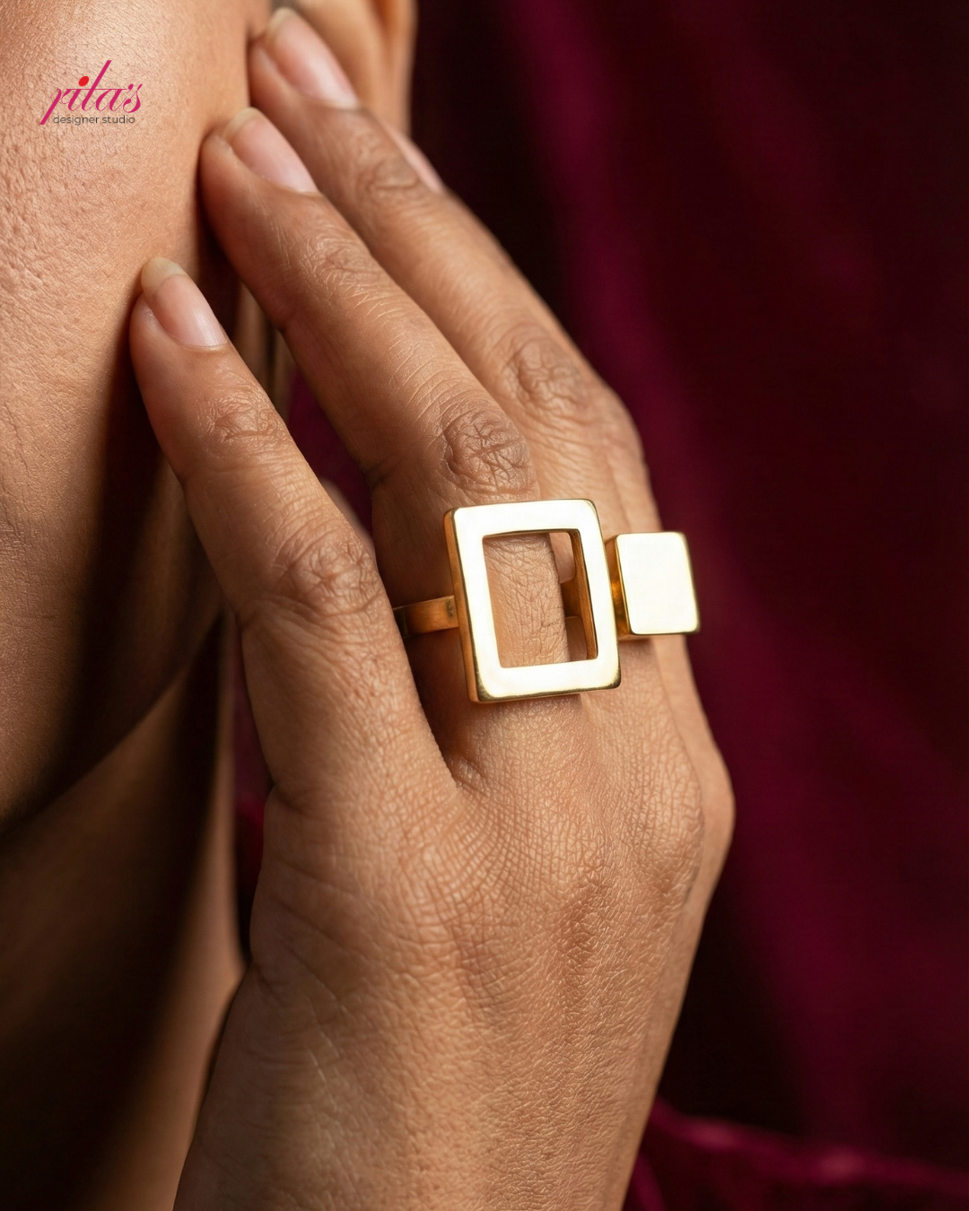 Bold Square Frame Statement Gold Luxury Ring