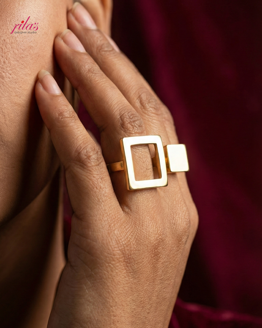 Bold Square Frame Statement Gold Luxury Ring