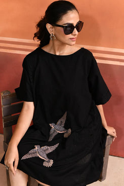 THE SOARING – BLACK EMBROIDERED BIRD DRESS