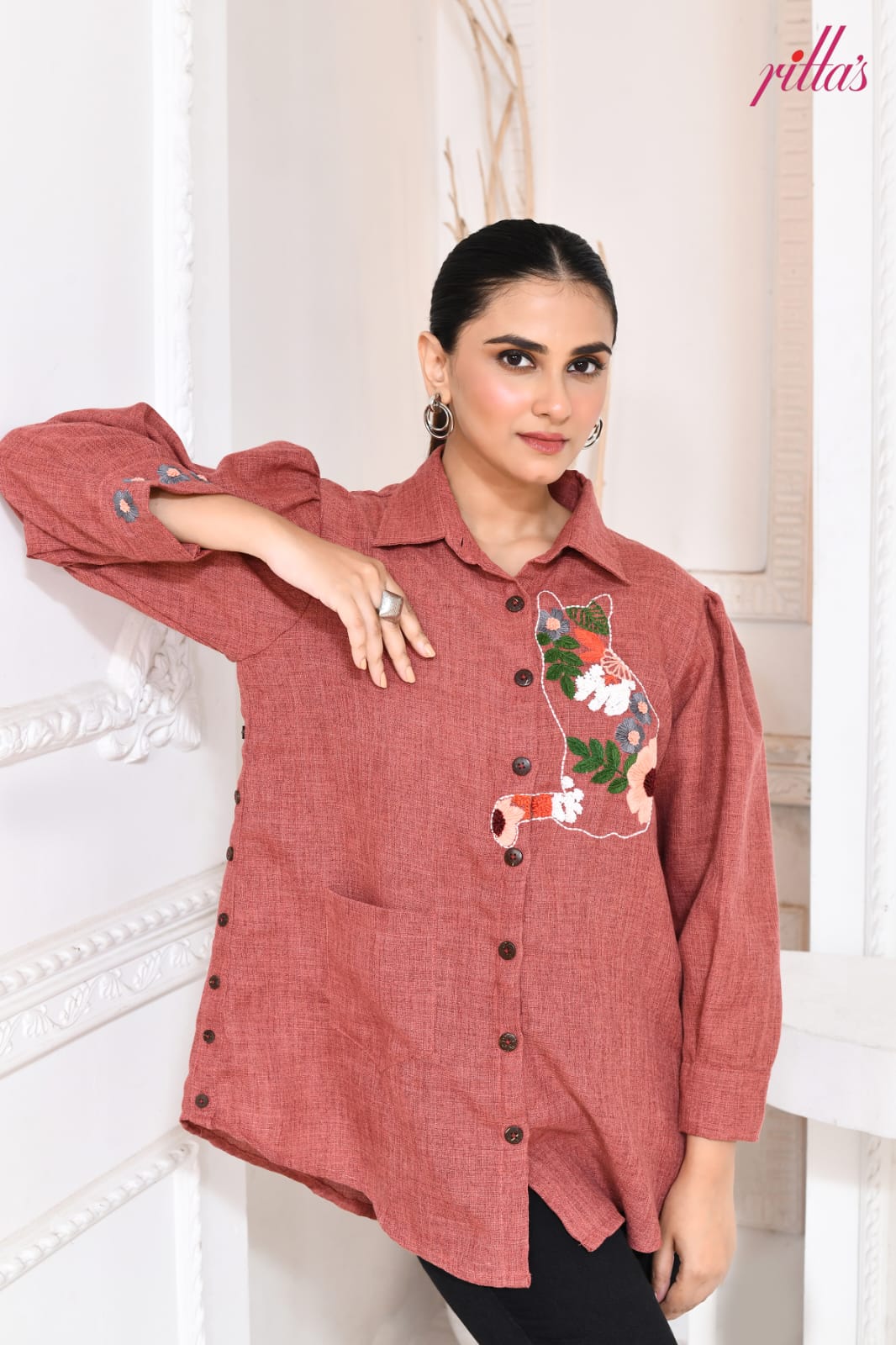 RUST FLORAL CAT TALE SIDE PANEL SHIRT