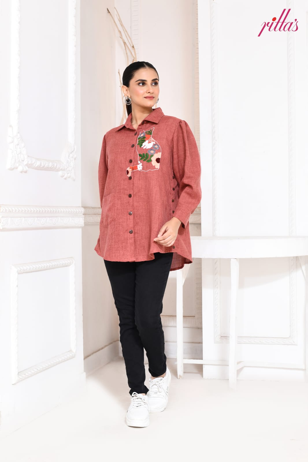 RUST FLORAL CAT TALE SIDE PANEL SHIRT