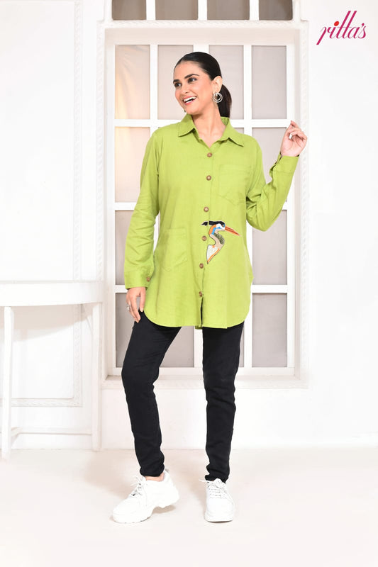 FEATHERED MUSE – PARROT GREEN LONG SHIRT