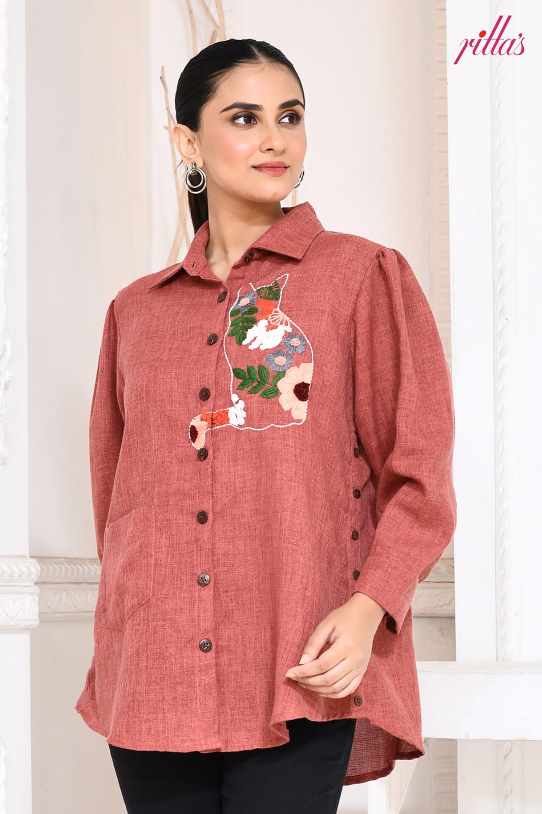 RUST FLORAL CAT TALE SIDE PANEL SHIRT