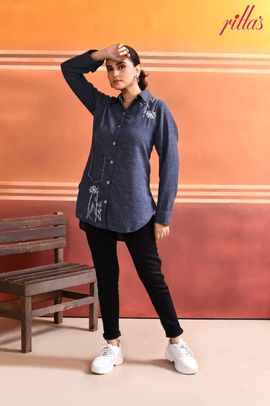 BOTANIC SKETCH – DENIM BLUE LONG SHIRT