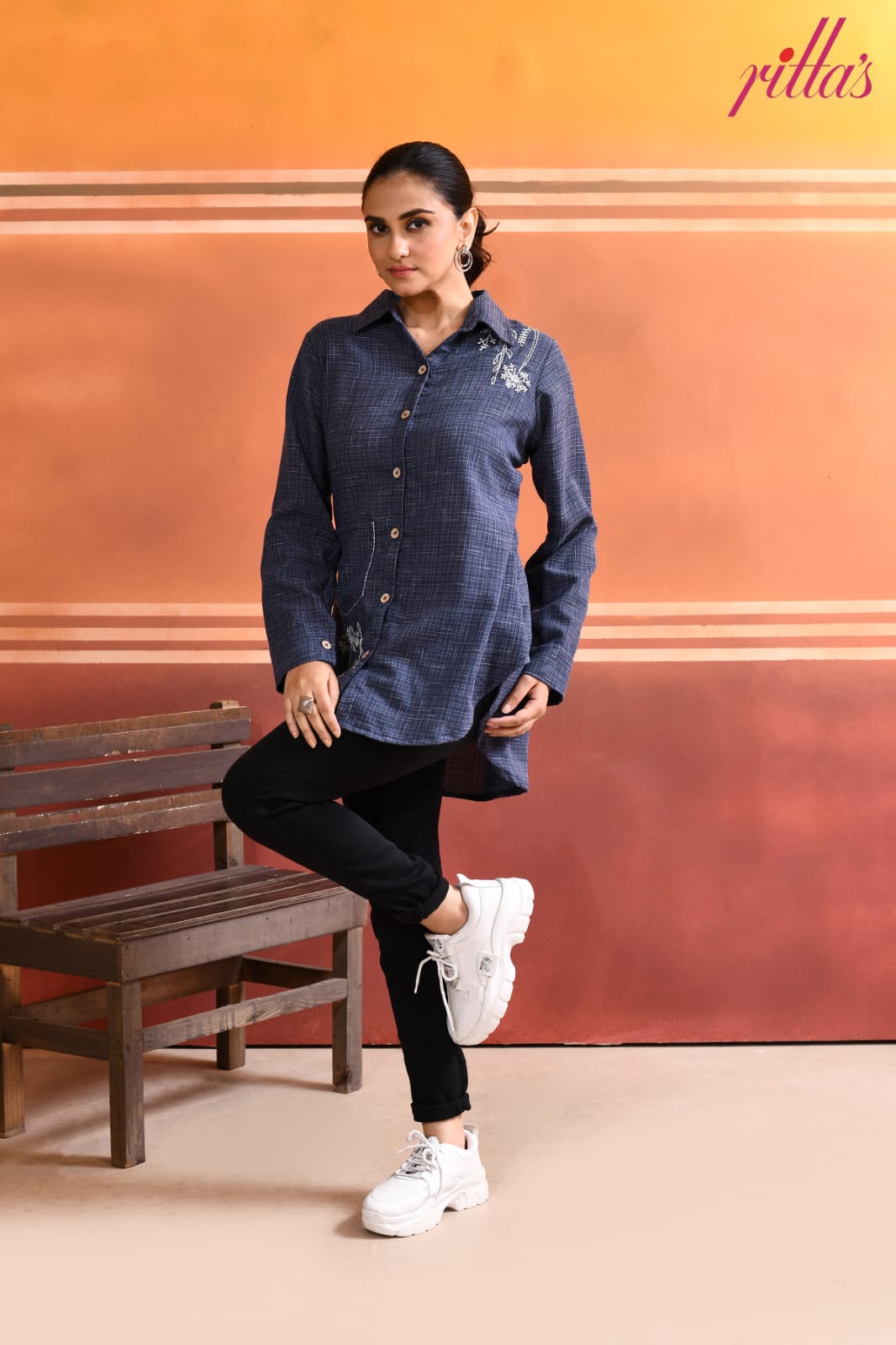 BOTANIC SKETCH – DENIM BLUE LONG SHIRT