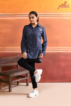 BOTANIC SKETCH – DENIM BLUE LONG SHIRT