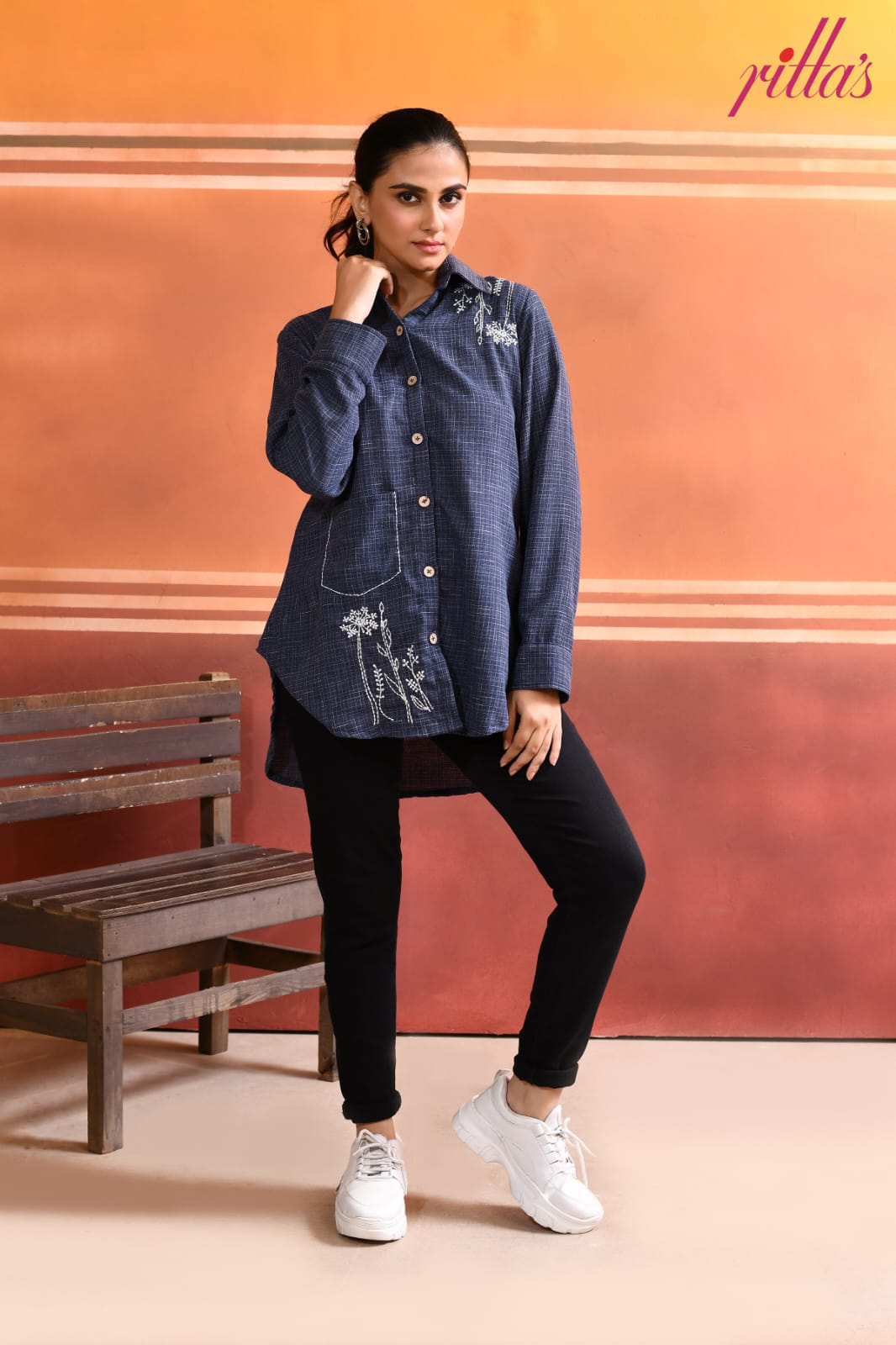 BOTANIC SKETCH – DENIM BLUE LONG SHIRT