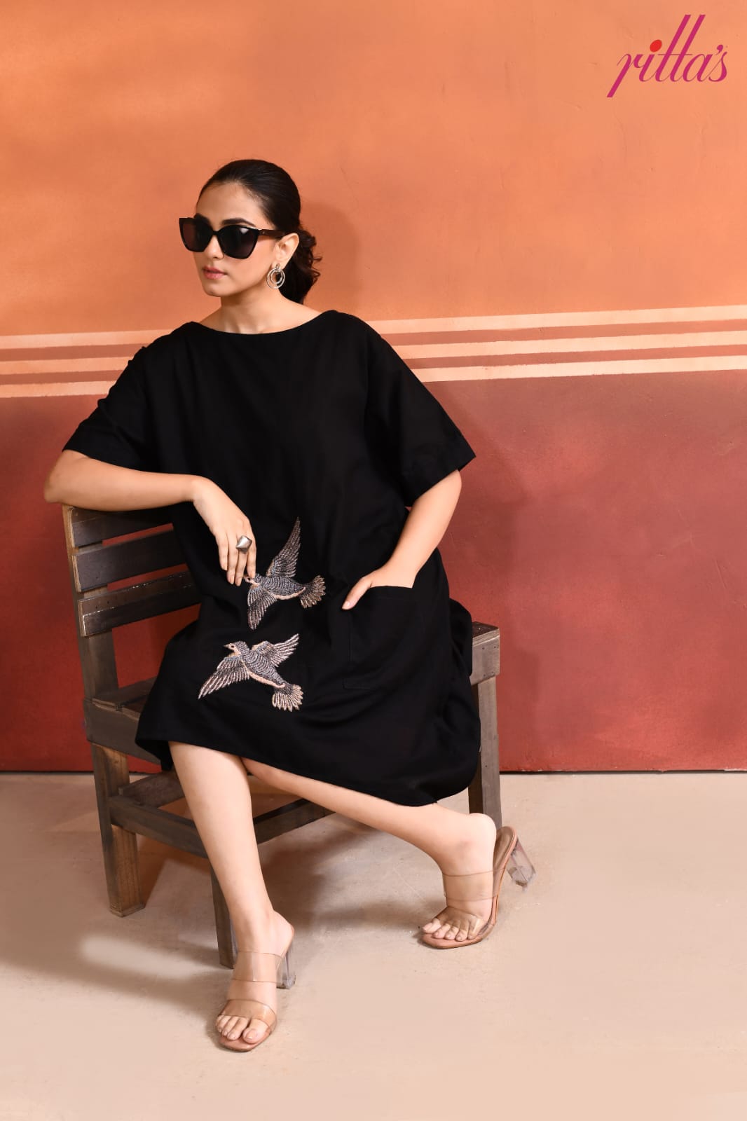 THE SOARING – BLACK EMBROIDERED BIRD DRESS