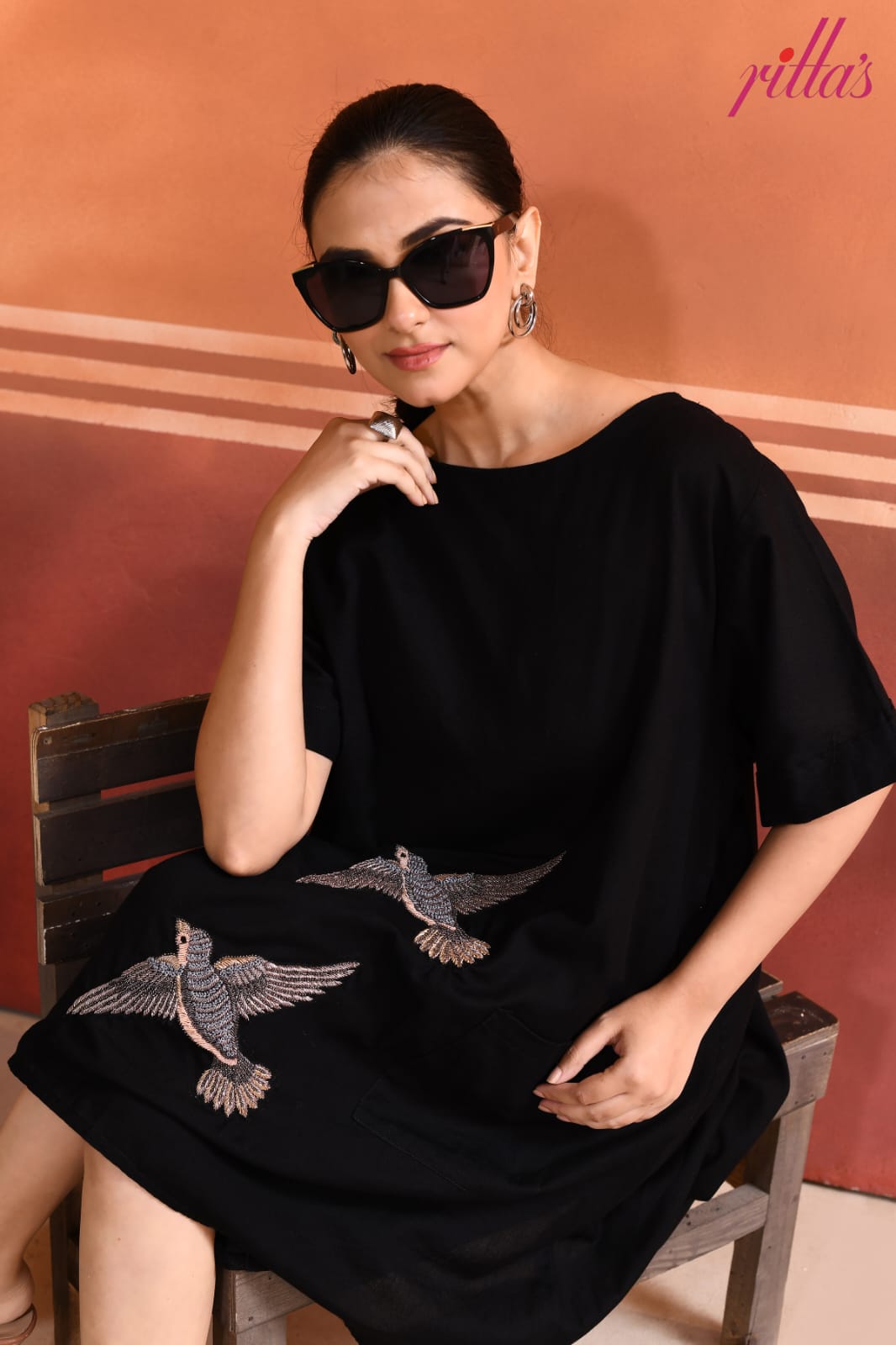 THE SOARING – BLACK EMBROIDERED BIRD DRESS