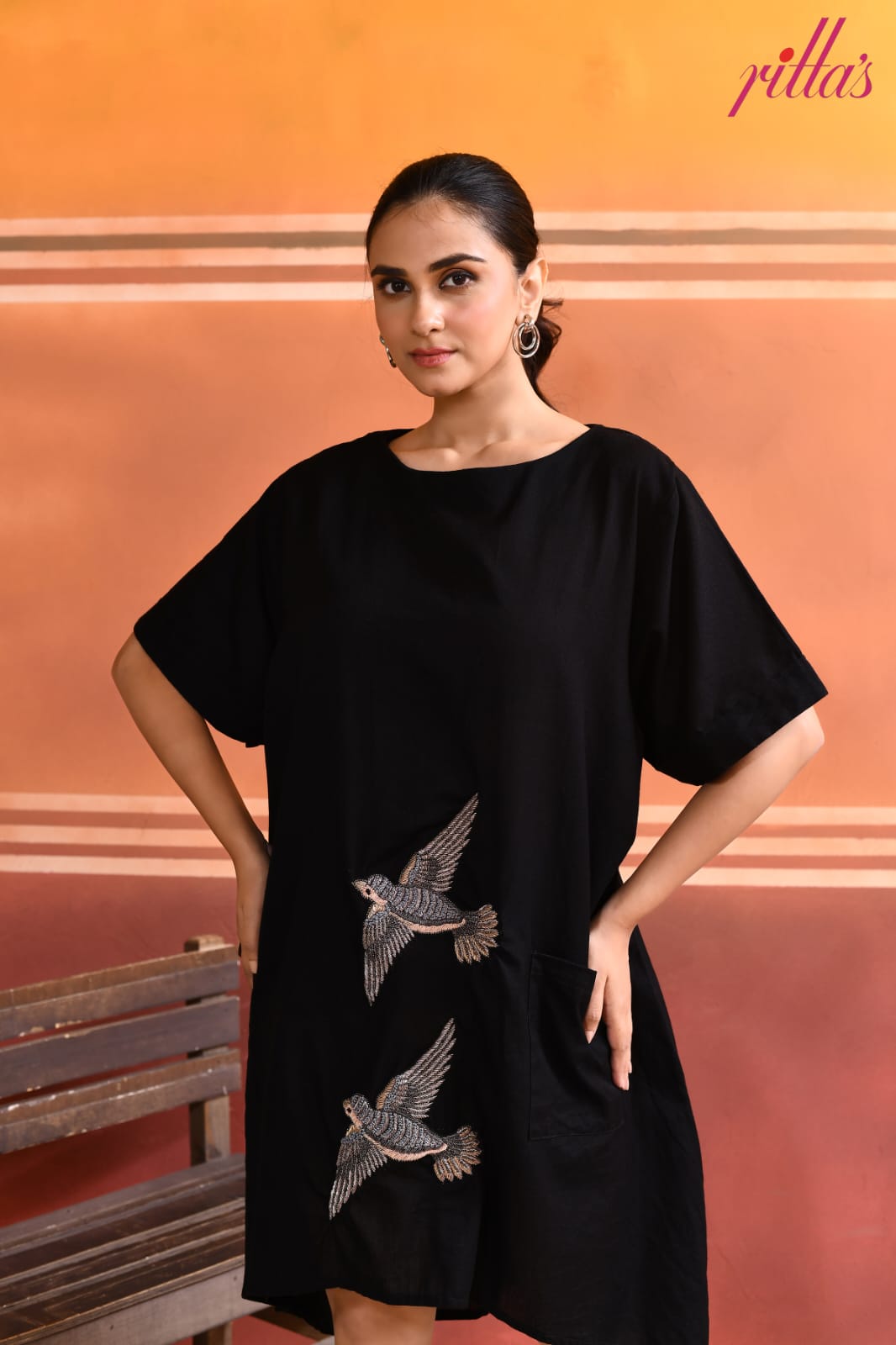 THE SOARING – BLACK EMBROIDERED BIRD DRESS