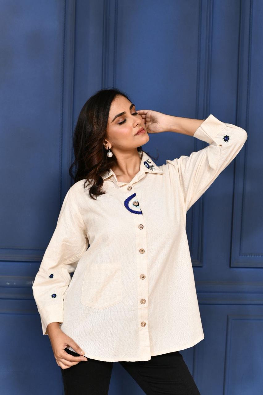 EVIL EYE CHARM CREAM SIDE PANEL SHIRT
