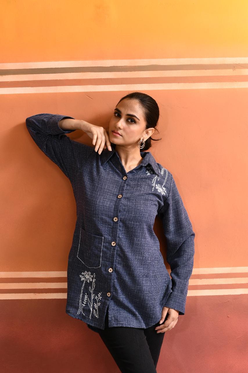 BOTANIC SKETCH – DENIM BLUE LONG SHIRT